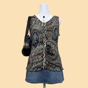 brown and blue paisley y2k mesh tank top